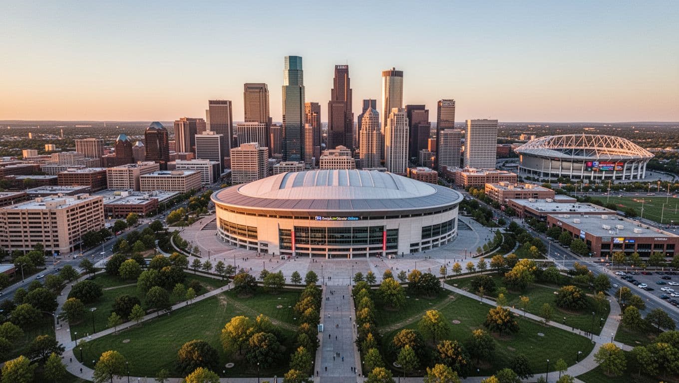 Vibrant aerial view of State Farm Arena in downtown Atlanta at dusk, featuring Centennial Olympic Park and Mercedes-Benz Stadium nearby, with golden hour lighting and city skyline.