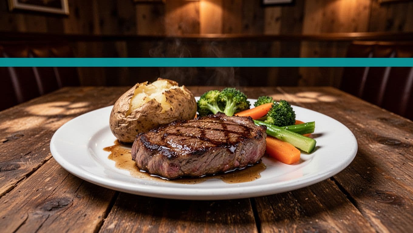 Sizzling ribeye steak with baked potato and vegetables on white plate on rustic wooden table in cozy steakhouse with Steak Barn green band above.