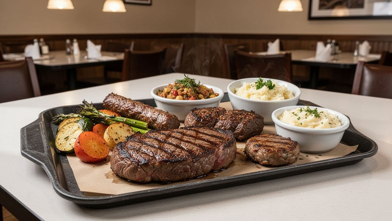 Cafeteria tray loaded with grilled meats, vegetables, and sides in steakhouse dining room, green 'BUFFET VALUE' banner at top.