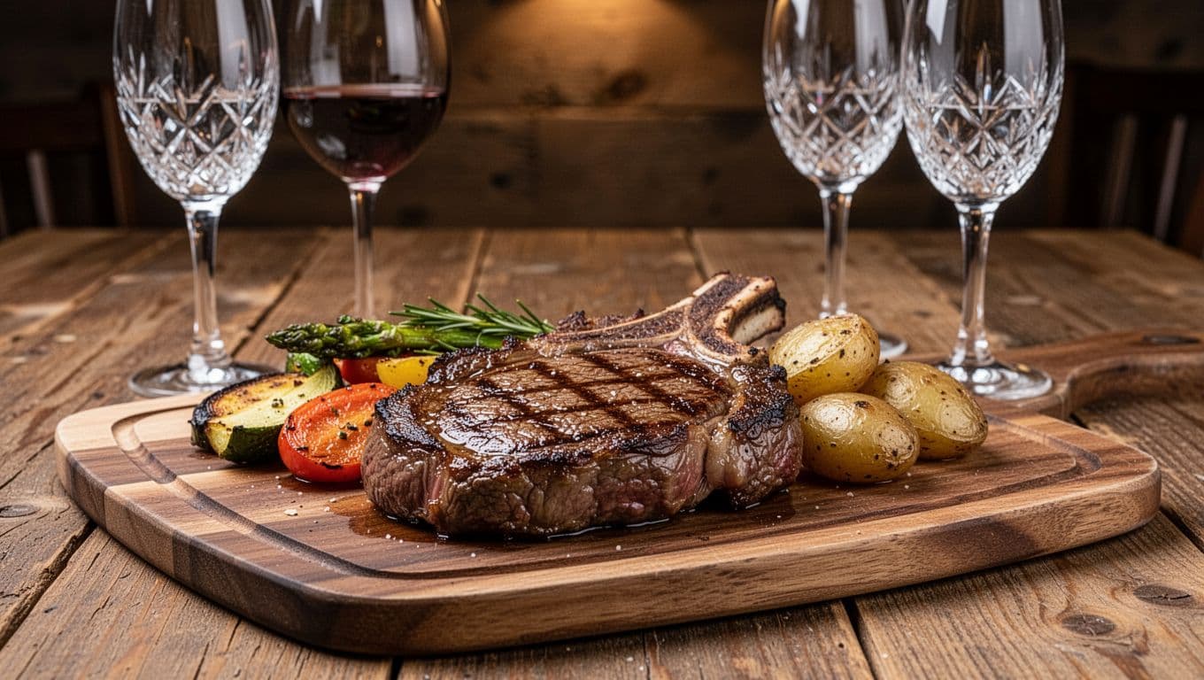 Juicy grilled ribeye steak with vegetables and potatoes on a wooden board in a rustic steakhouse setting, topped with a bold 'Steak Night' headline banner.
