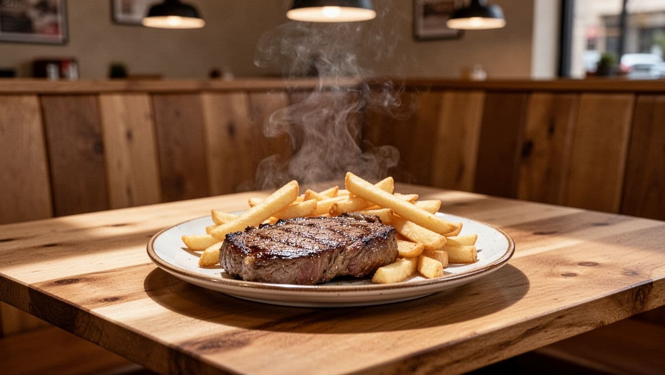 Steak and fries on plate at wooden booth under STEAK NIGHTS green header band in restaurant.