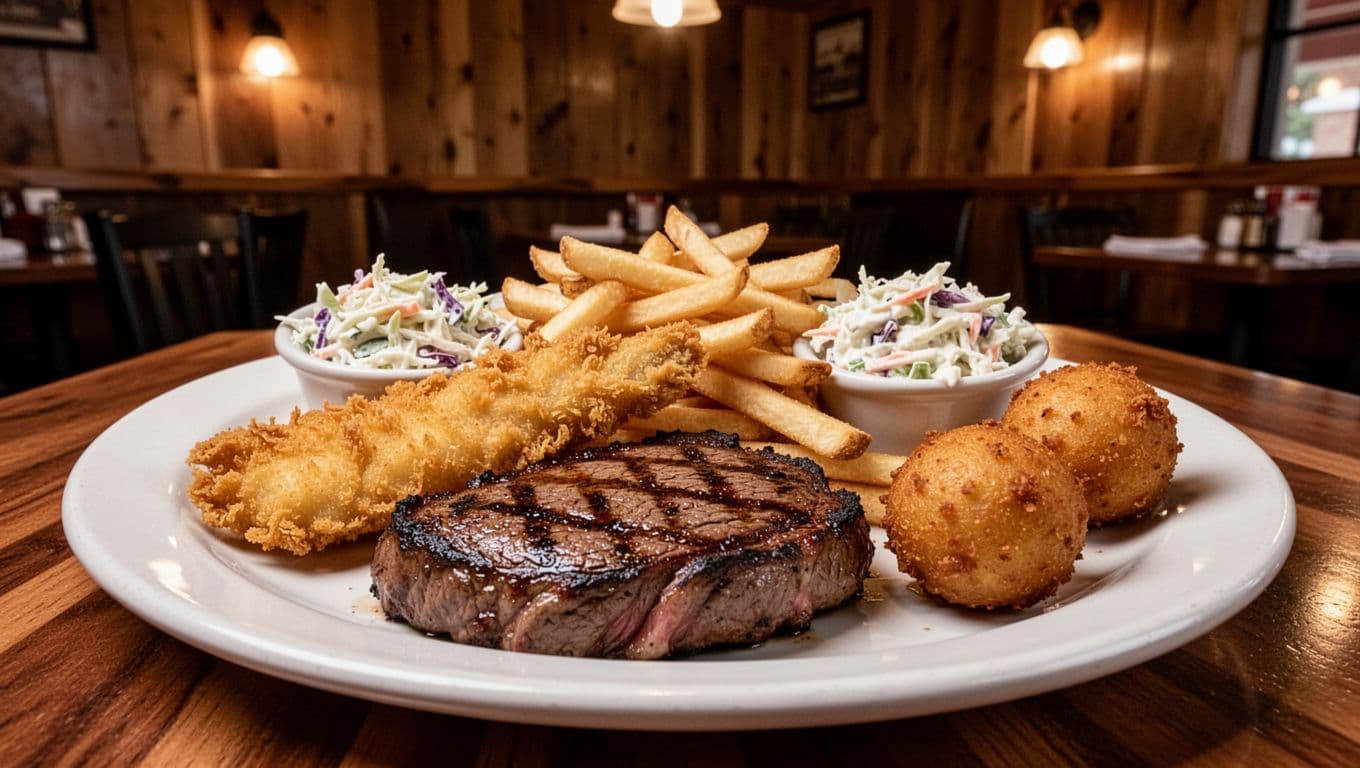 Grilled ribeye steak, fried catfish, french fries, coleslaw, and hushpuppies on a white plate in a cozy Alabama steakhouse with wood panel walls and soft lighting, featuring a bold 'Steak Pick' headline in a green banner at the top.