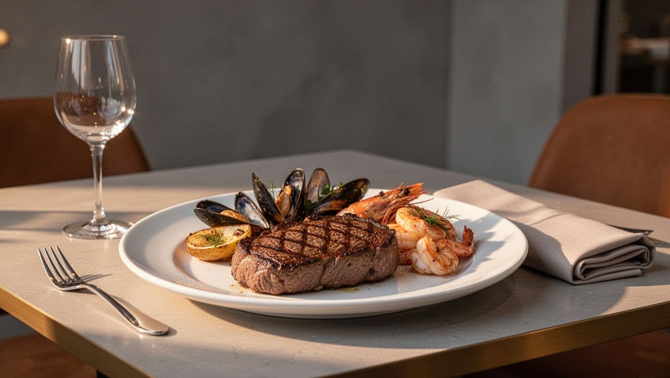 Upscale steak dinner on a white plate with seafood side in an elegant restaurant setting, featuring soft ambient lighting and warm golden hour tones. Bold 'Steak Stars' headline in green band highlights the signature dish from Connors Steak and Seafood.