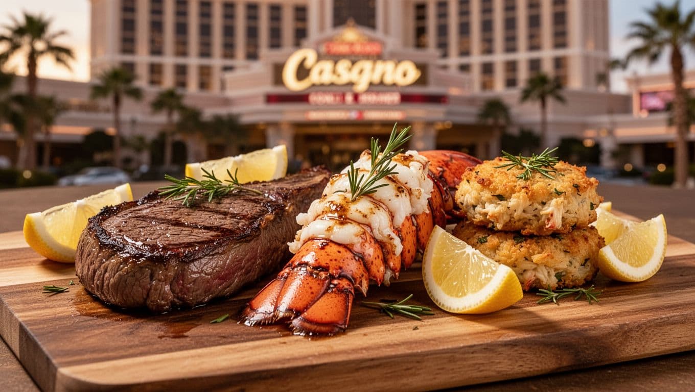 Ribeye steak, lobster tail, and crab cakes on wooden board with garnishes under green 'Menu Musts' header, subtle casino background.