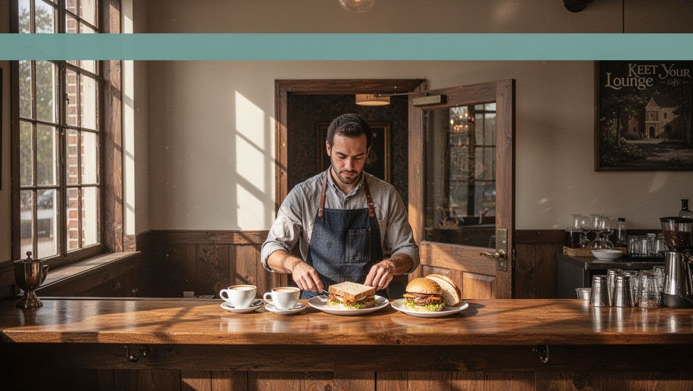 Downtown cafe with wooden counter holding coffee cups, sandwiches, burgers; one barista, lounge door hint, green 'Local Cafe' band at top.