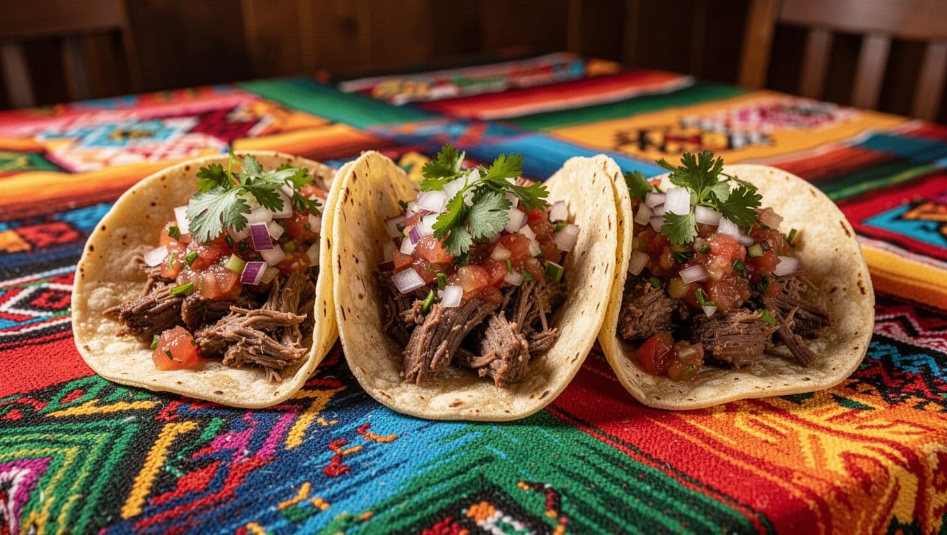 Plate of three tacos with fresh toppings on colorful Mexican tablecloth in cantina with green Taqueria Choice band at top.