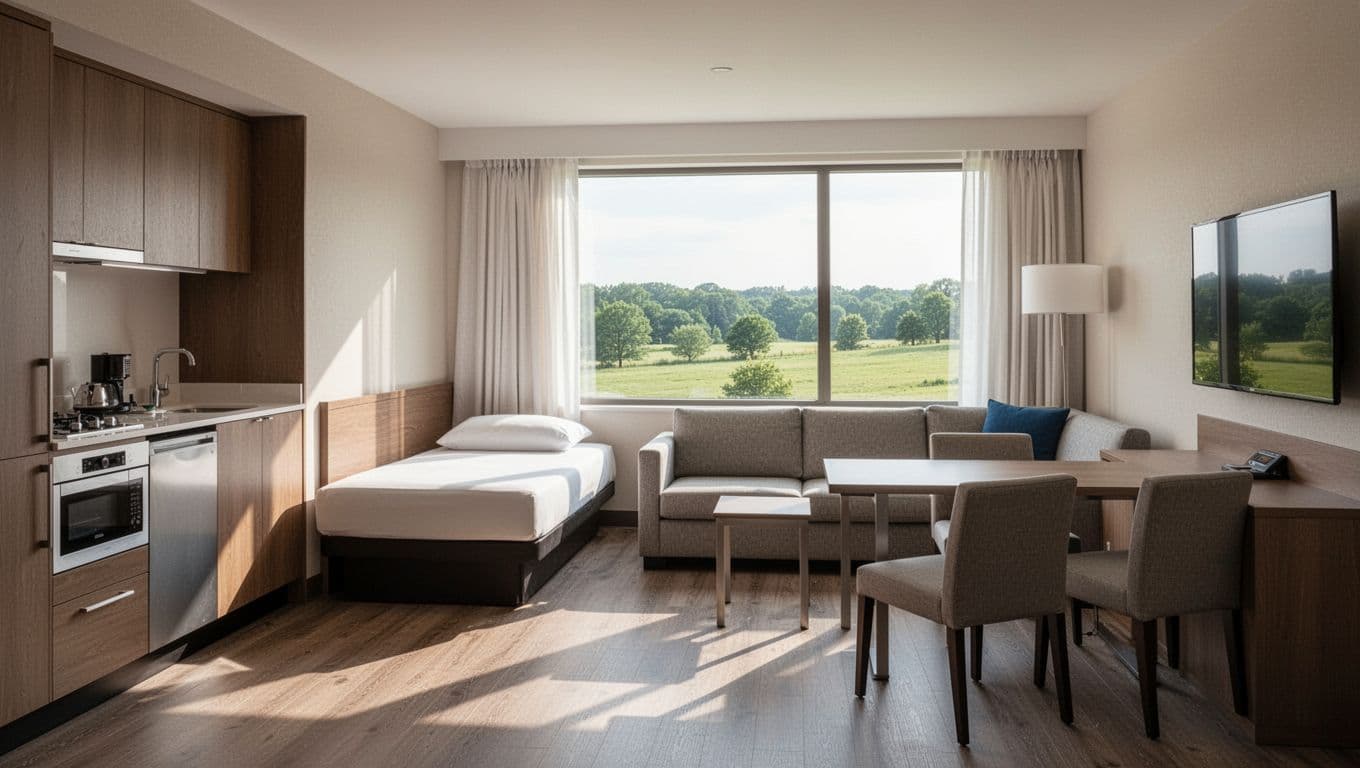 Spacious hotel suite interior in clean modern Montgomery style with kitchenette, sofa bed, table, two chairs, and window view of green area. Features bold 'Suite Comfort' headline on emerald green band.