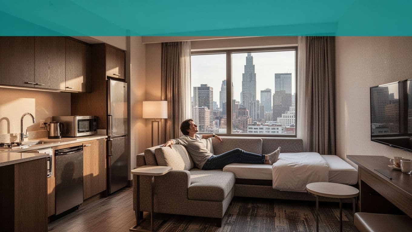 Comfortable modern hotel suite interior with full kitchenette, sofa bed, city view, and warm lighting, ideal for extended family hospital stays near UAB. Features bold 'Suite Stays' headline in green band at top with one relaxed person on sofa.