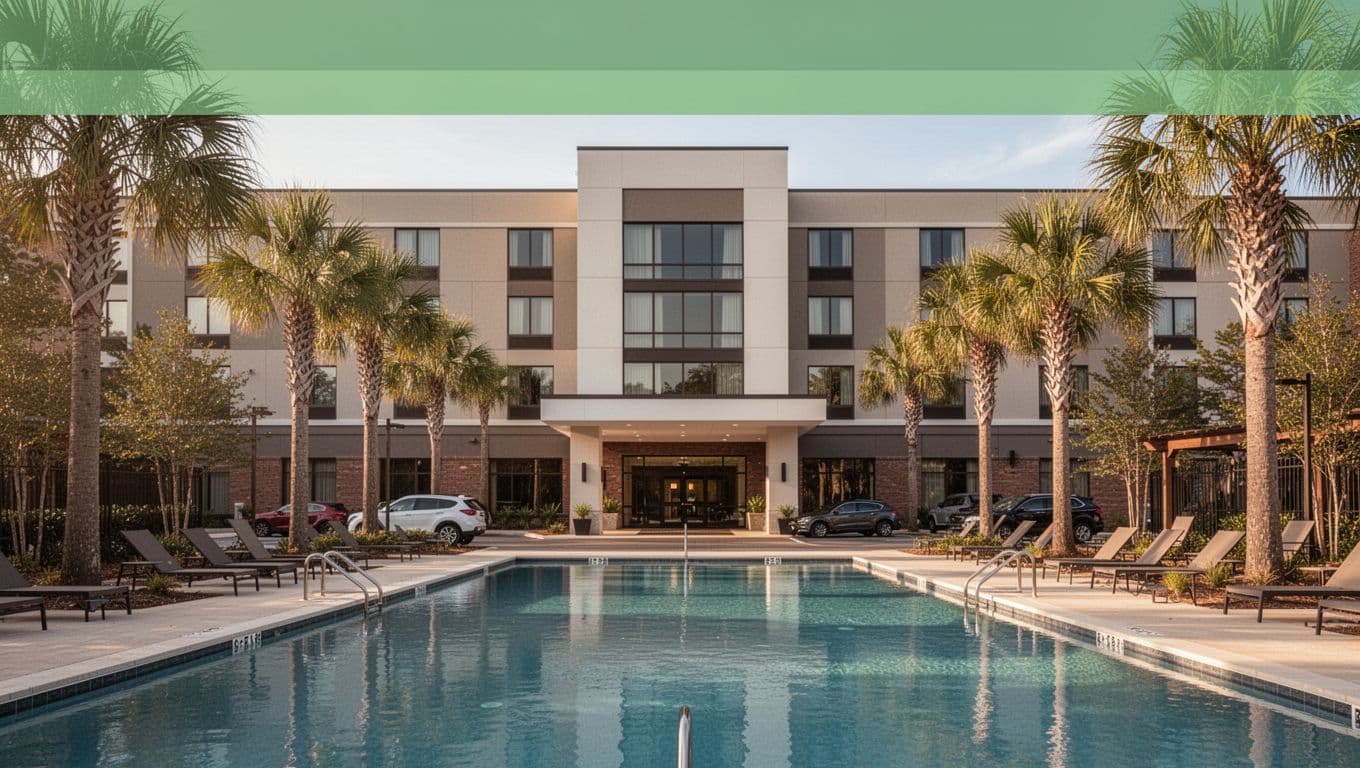 Wide landscape view of a modern hotel exterior with outdoor pool and palm trees in sunny Alabama afternoon light, centered on the building entrance with parked cars, featuring a bold 'Nearby Stays' headline on a green band at the top.