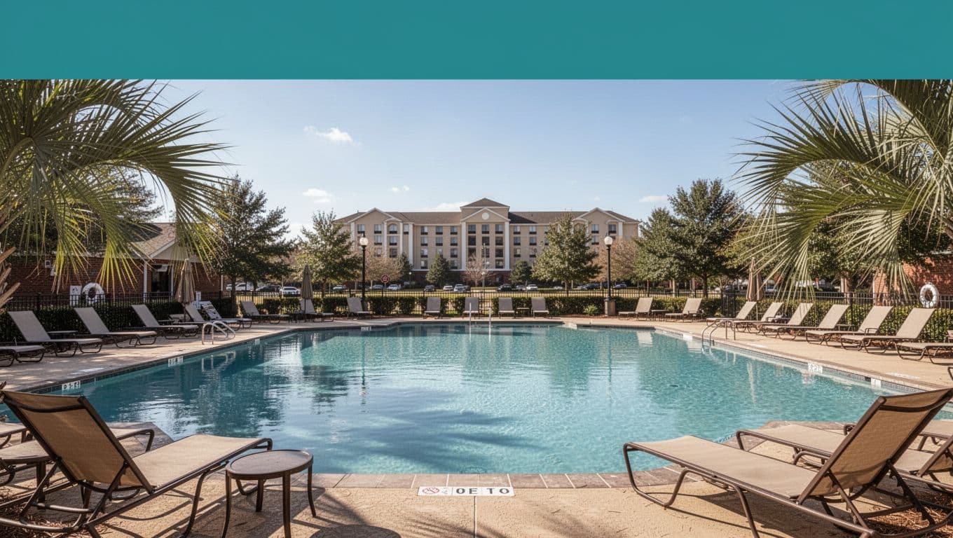 Outdoor hotel pool area in sunny Alabama afternoon with lounge chairs around the water, palm accents, and distant hotel building under bright blue sky.