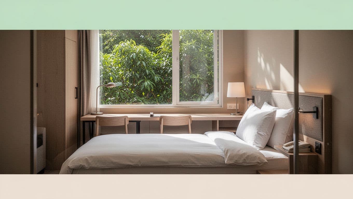 Clean and cozy Super 8 hotel room interior in Alexander City with comfortable bed, desk, window view of greenery, and simple modern decor under soft lighting and a bold 'Super 8' branded green header band.