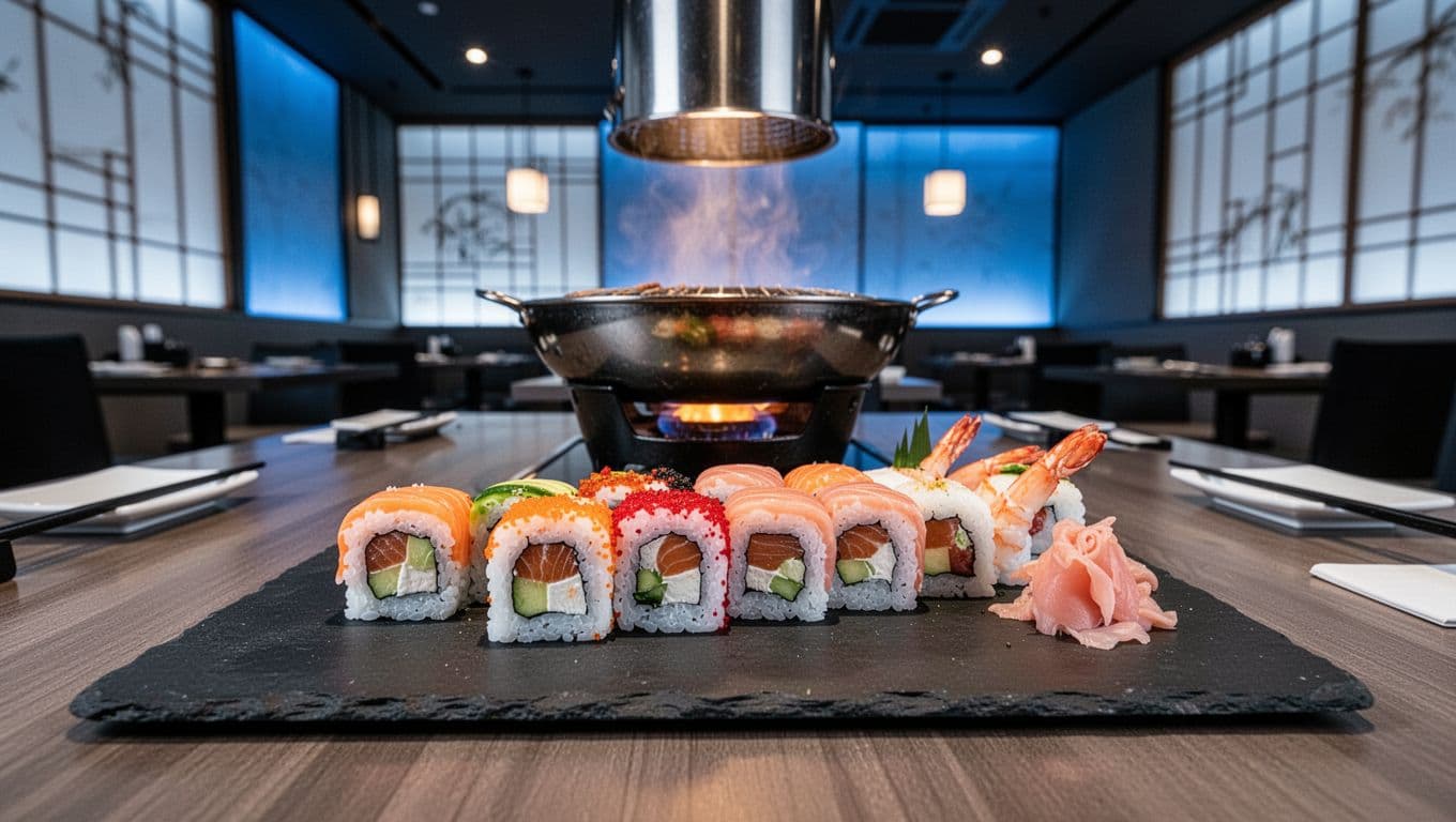 Fresh sushi rolls and hibachi grill on black slate platter under green 'SUSHI ALTERNATIVE' band in modern Japanese interior.