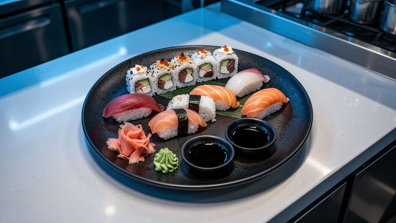Three sushi rolls, six nigiri and sashimi pieces on black plate with ginger, wasabi, soy sauce, and 'Sushi in Semmes' green headline band at top.