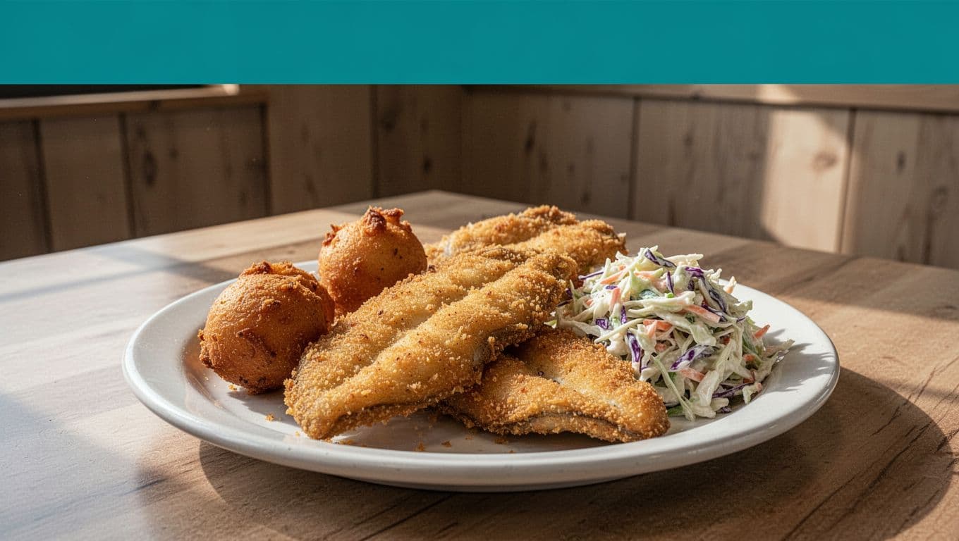 Swamp Johns headline on green band above golden fried catfish fillets, hush puppies, and coleslaw on white plate in Southern eatery.