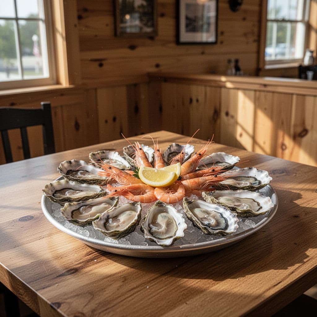 Cozy cafe interior with fresh oyster platter and shrimp on wooden table, warm light from windows, green header band reading 'Sweetwater Cafe'.