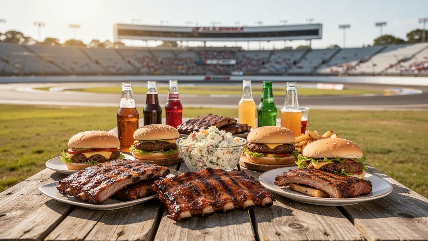 Outdoor picnic table laden with BBQ ribs, burgers, potato salad, and drinks under Alabama sun near blurred Talladega Superspeedway grandstands, casual composition in natural daylight with bold 'Race Eats' headline in Title Case on green color band at top.