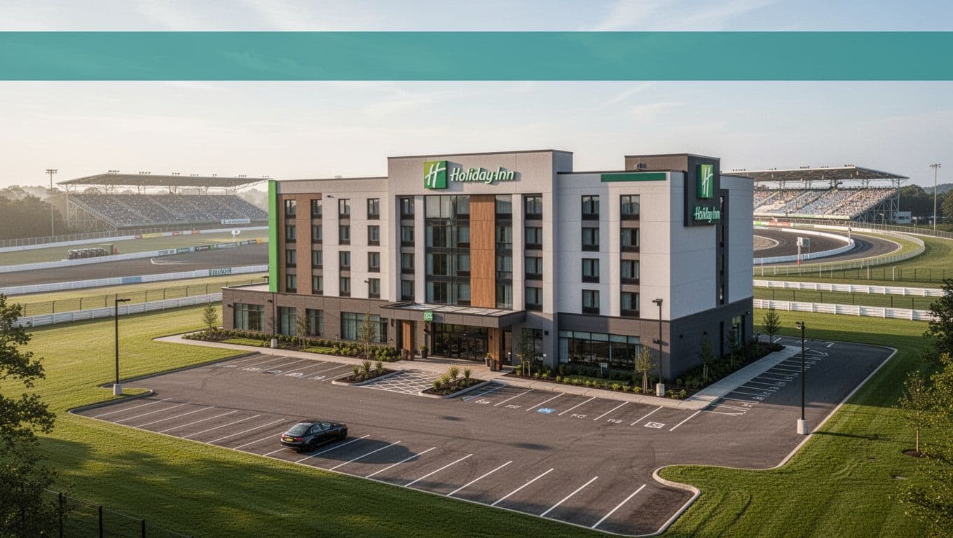 Modern mid-range Holiday Inn-style hotel exterior near Talladega Speedway with prominent sign, spacious parking lot with one car, distant grandstands, soft morning light, and green lawns. Features bold 'Nearby Talladega' headline in green band at top.