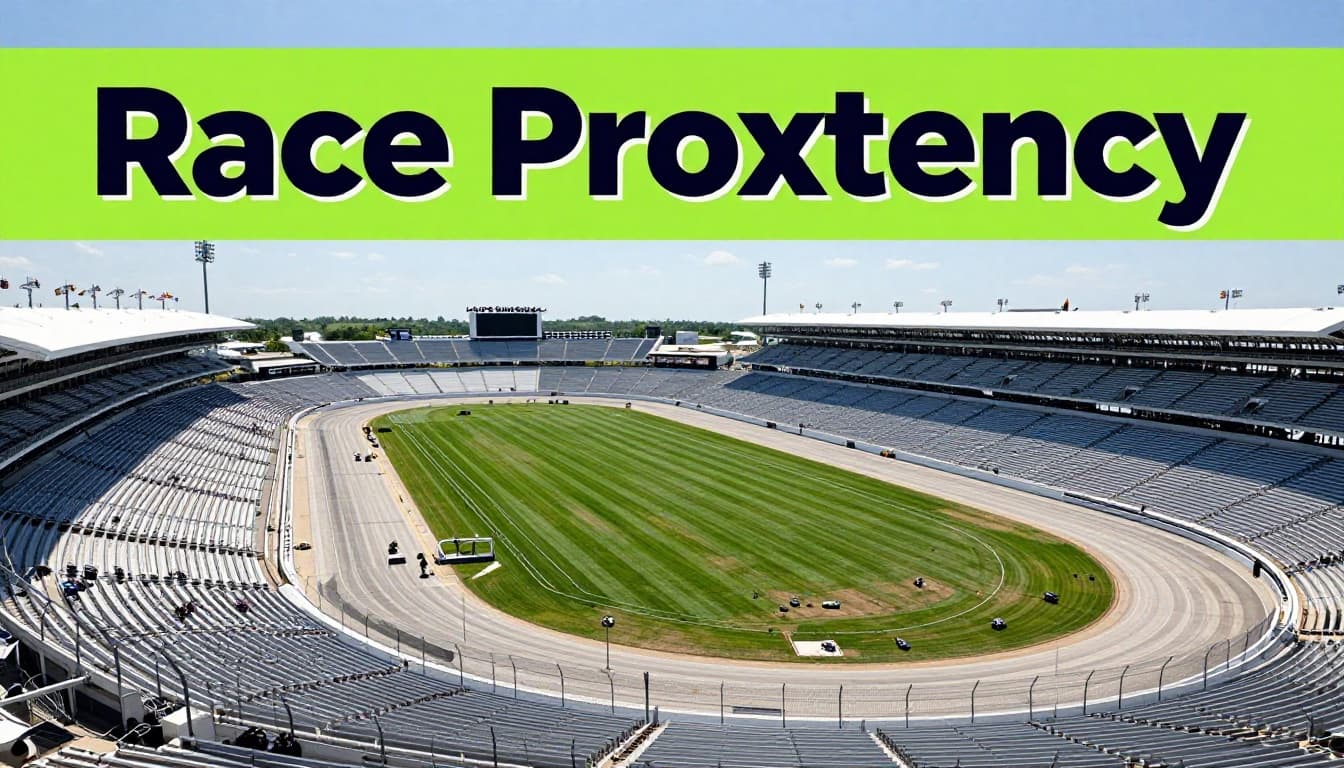 Aerial view of empty Talladega Superspeedway grandstands and track on a sunny day with green infield, topped by a bold green band featuring 'Race Proximity' headline to emphasize location advantages.