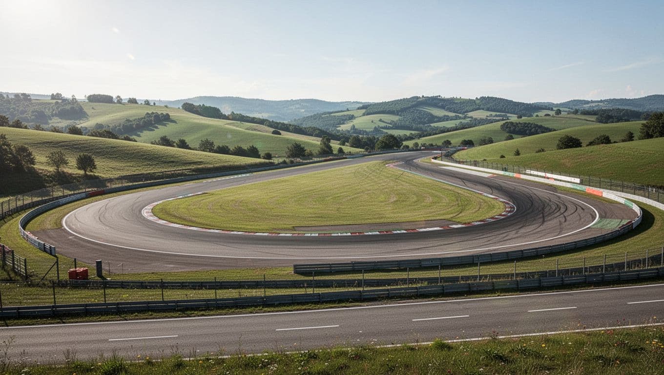 Photorealistic wide landscape composition of Talladega Superspeedway from a nearby road, surrounded by green hills under a clear daytime sky with natural lighting. The speedway structure is the single focal point, with no cars, crowds, people, text, or logos.