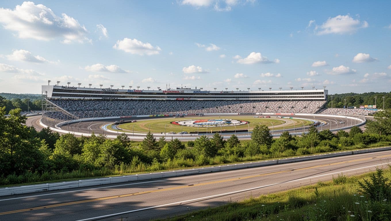 Photorealistic wide landscape shot of Talladega Superspeedway from a nearby road, showcasing grandstands and track amid green surroundings under a blue sky with clouds, daytime, no people or cars. Bold 'Nearby Attractions' headline in title case geometric sans-serif on #22C55E green horizontal top band.