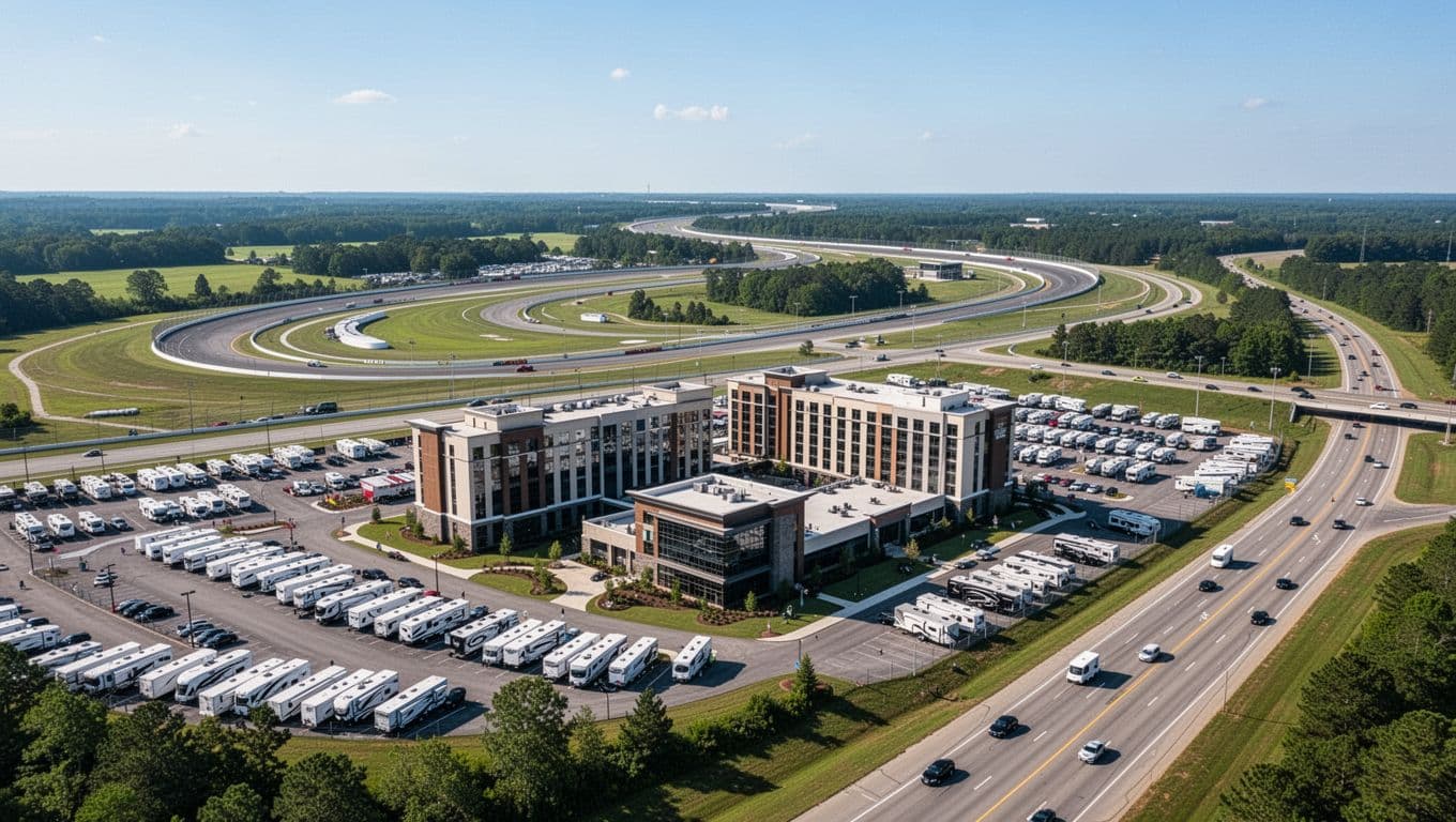 Aerial view of modern hotels clustered near Talladega Superspeedway racetrack in Alabama countryside, featuring large parking lots with trucks and RVs under a clear blue sky.