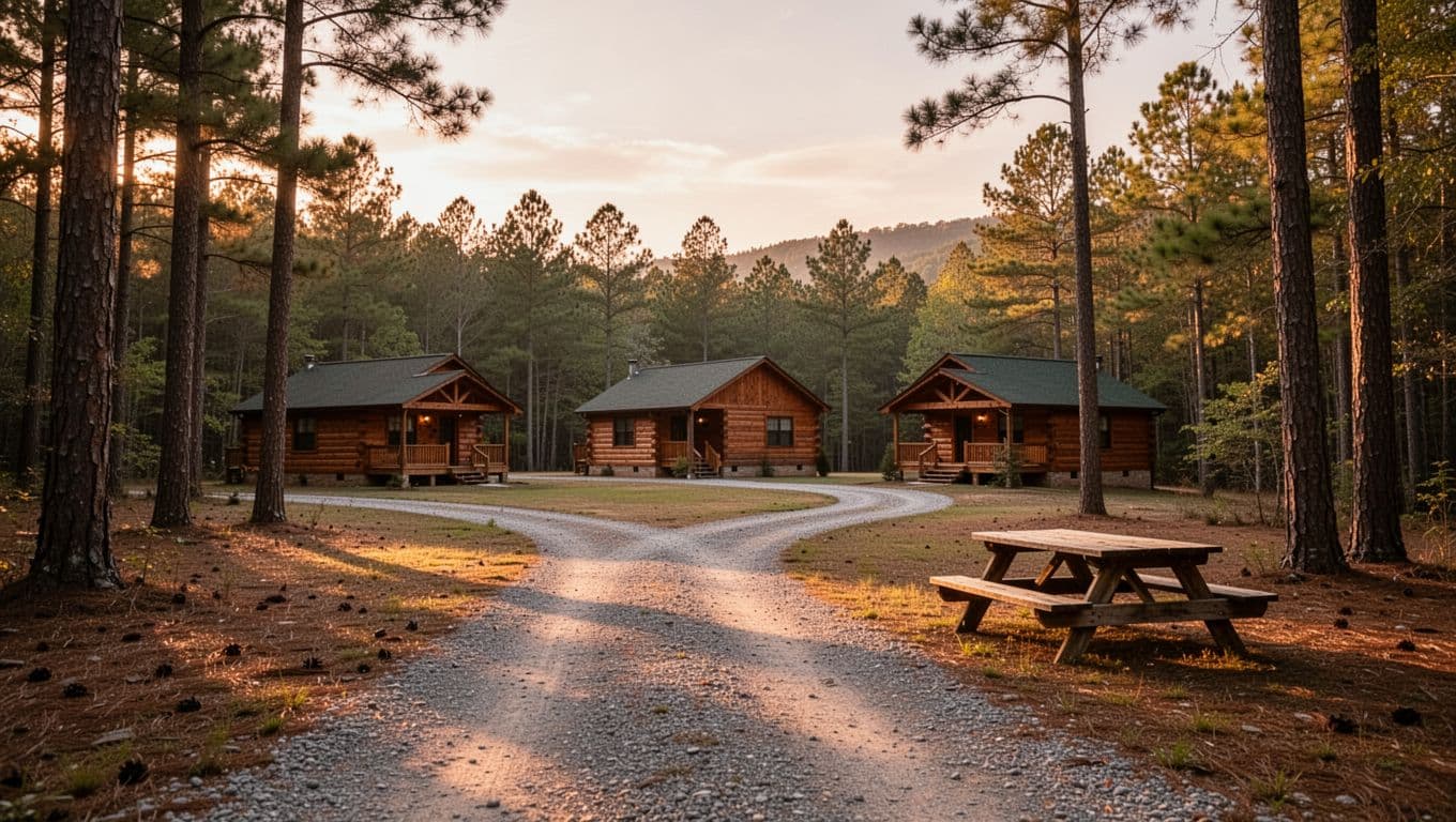 Cluster of cozy wooden cabins in forested Talladega Valley, Alabama, featuring a gravel driveway, picnic table, pine trees, hills, and warm sunset lighting with long shadows.