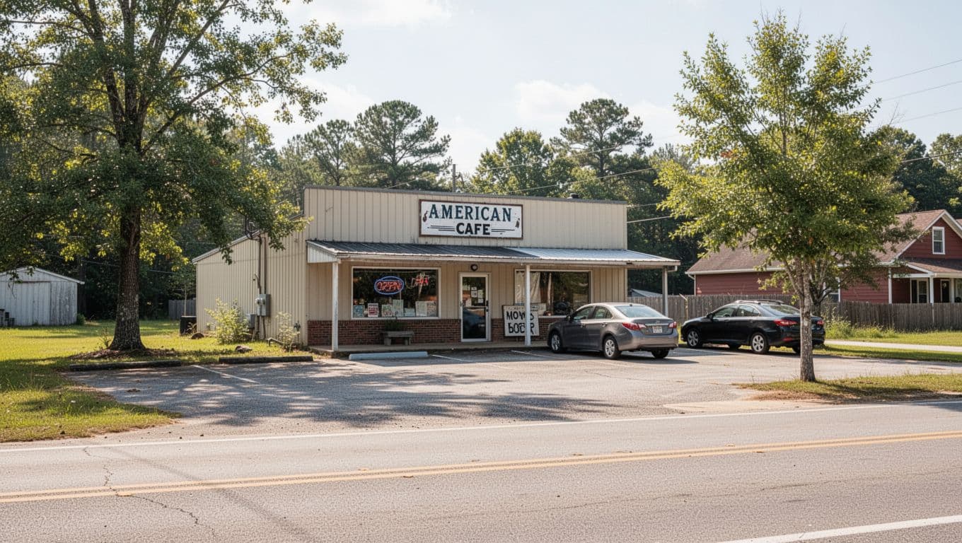 Green top band with 'Tallassee Location' over daytime exterior of rural cafe, parking lot with two cars, street and trees.