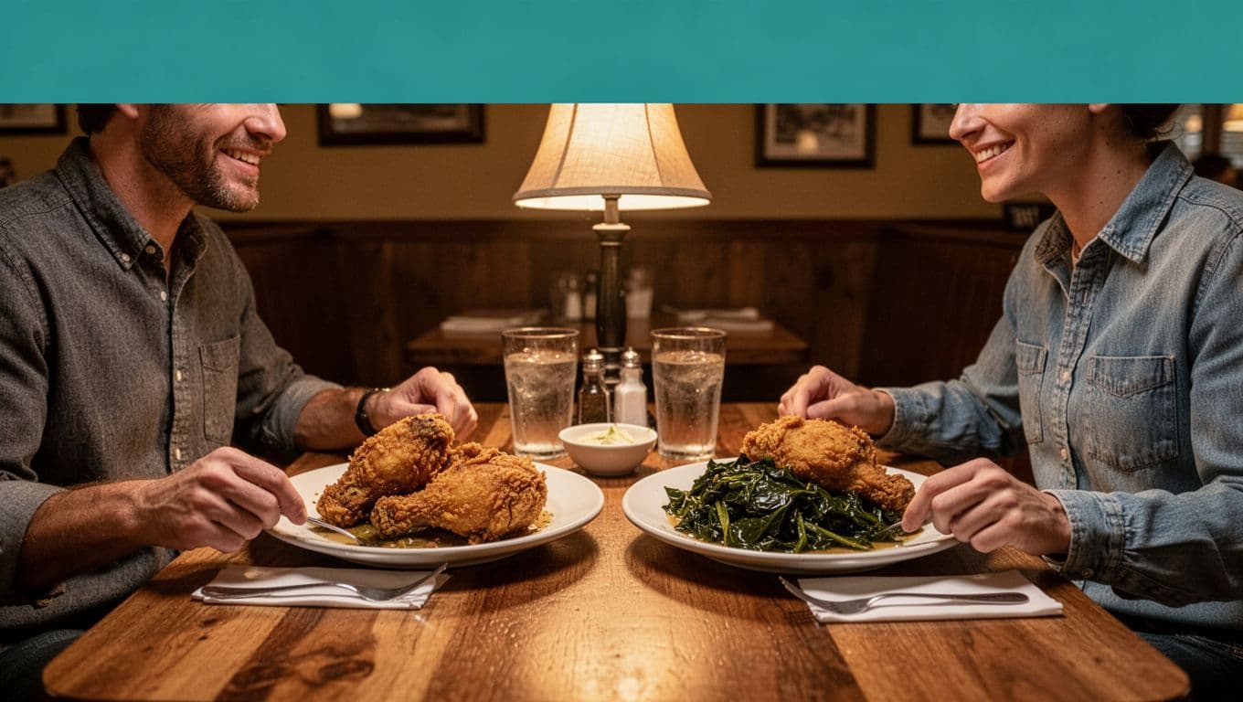 Green band with 'Tallassee Eats' headline above cozy Southern restaurant interior, wooden tables with fried chicken and collards, warm lamp lighting, two diners.