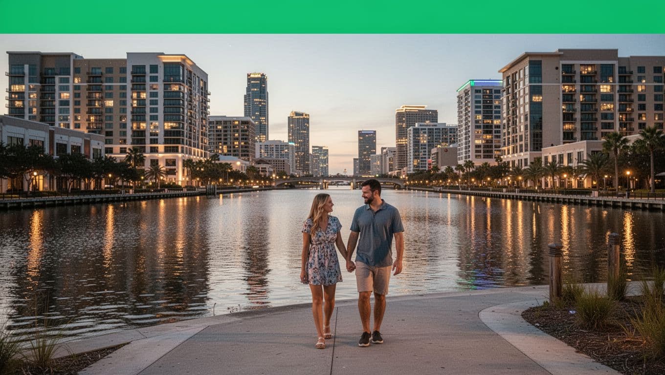 Serene Tampa Riverwalk waterfront path at dusk with a distant couple walking, modern hotels lining the river, and city skyline lights reflecting on the water.
