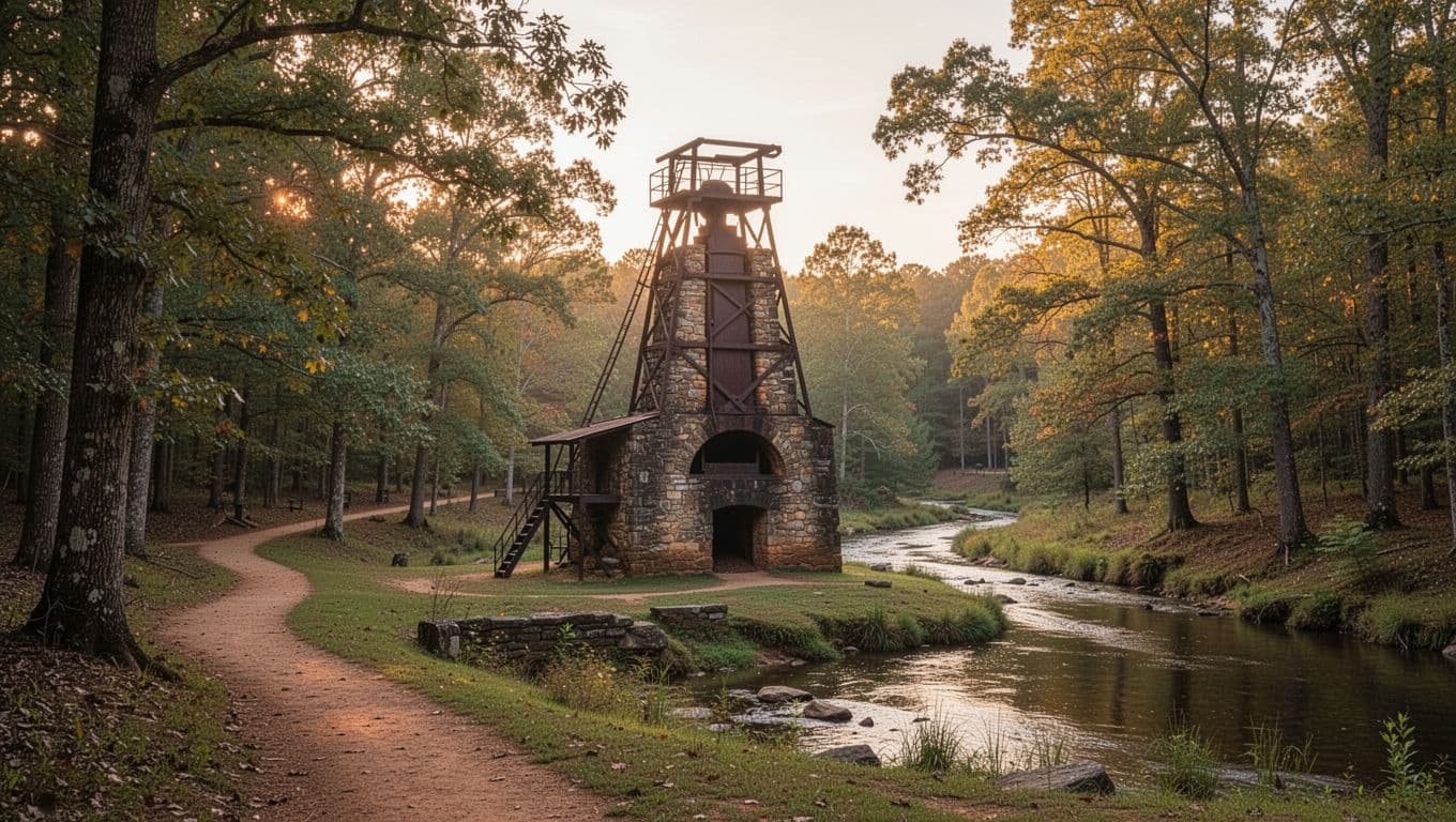 Wide landscape view of historic iron furnaces and wooded trails at Tannehill Ironworks Historical State Park near McCalla, Alabama, with creek in background and golden hour warm lighting in realistic nature editorial style. Features exactly one historic furnace structure, no people or modern elements, and a top edge-to-edge green band with bold 'Park Trails' headline.