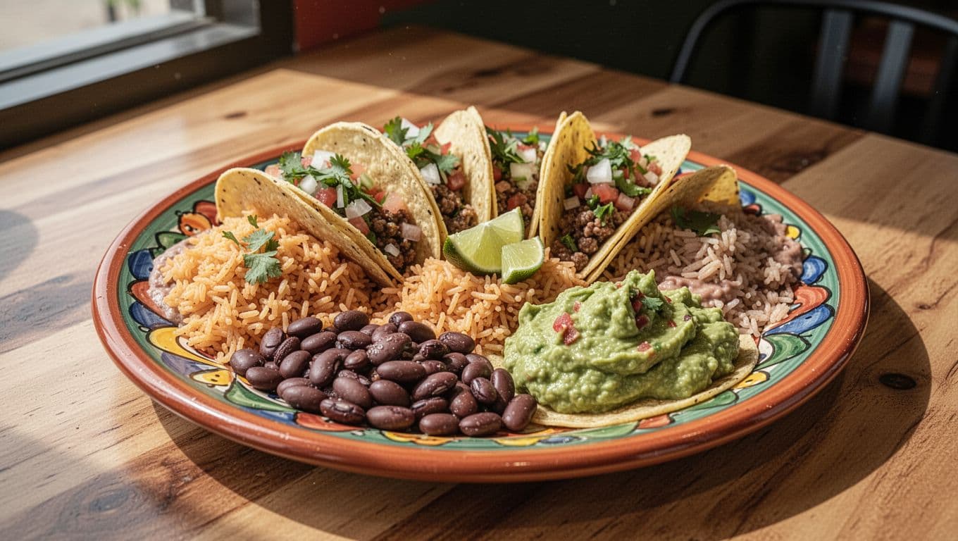 Platter with tacos, rice, beans, guacamole on colorful plate in taqueria setting, Tarrant Mexican banner at top.