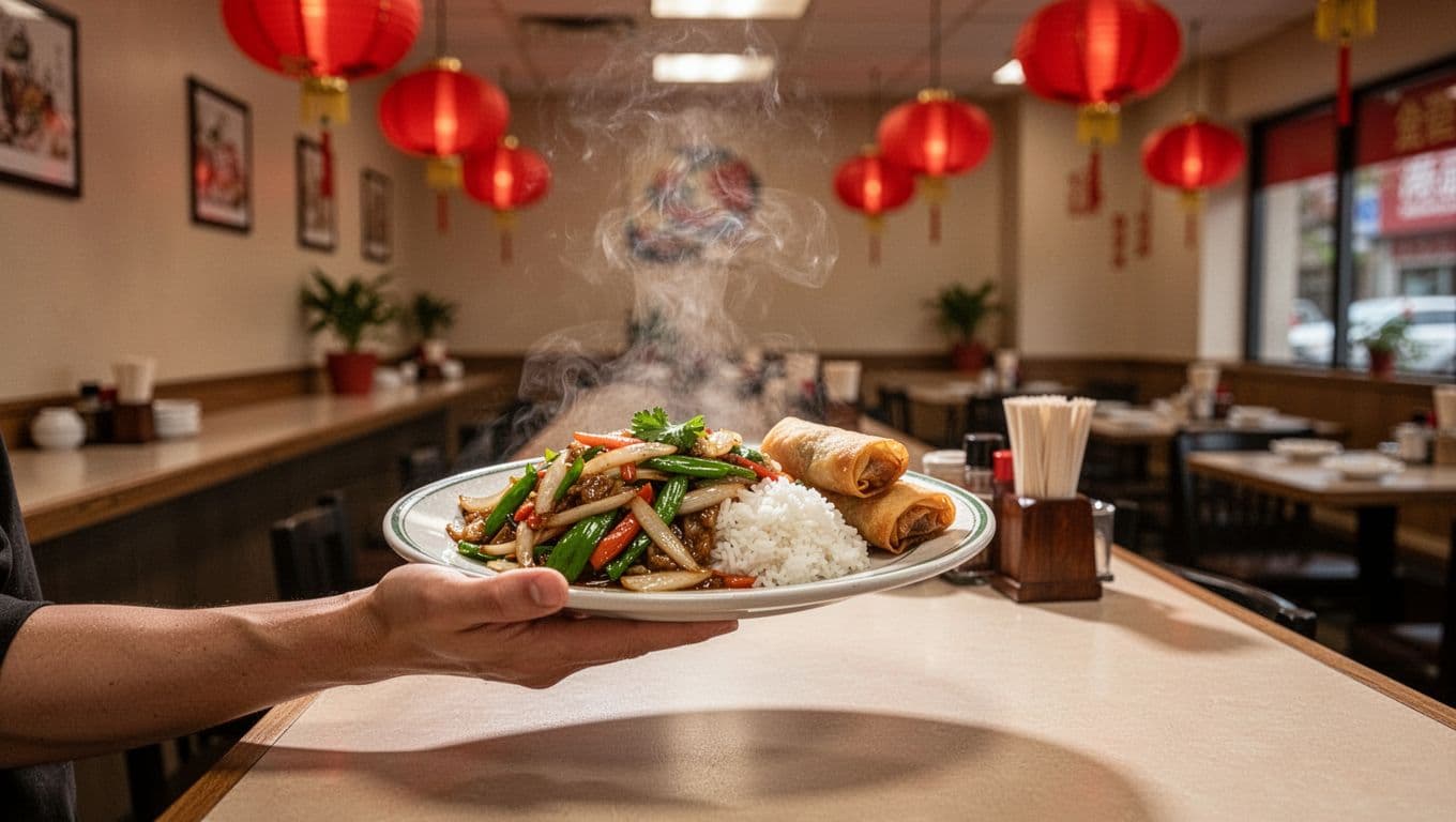 Chinese restaurant counter with steaming stir-fry, rice, spring rolls; one customer hand on plate under green 'Taste of China' banner.