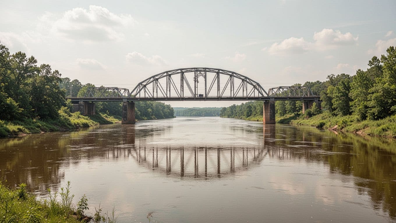 Photorealistic daytime image of the Tennessee River bridge near Moulton, Alabama, centered as the main subject with water reflections, green banks, no vehicles or people, and a bold 'Local Attractions' headline in green sans-serif band at the top using neutral earth tones.