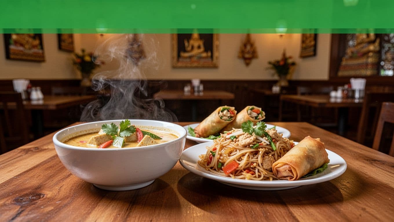 Cozy Thai restaurant interior in Dothan, Alabama, with warm ambient lighting, wooden tables, and a centered focal table featuring steaming curry bowl, pad Thai noodles, and spring rolls. Bold 'Thai House' headline in green geometric sans-serif on a top color band.
