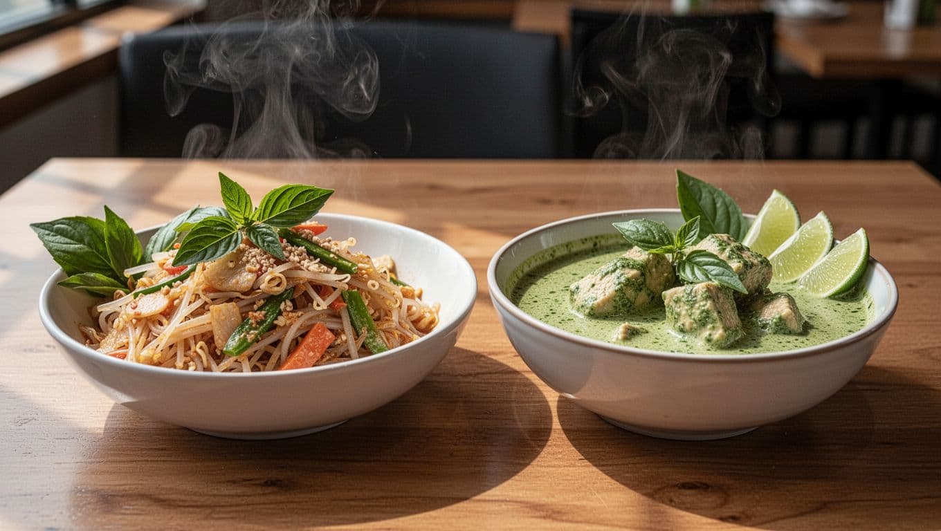 Pad Thai and green curry with chicken on wooden table, steam rising, basil lime garnishes, under green banner with 'Thai in Alabama' headline.