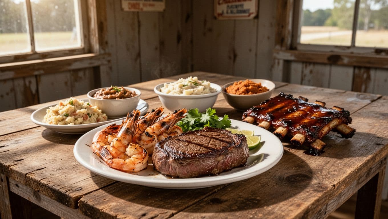Grilled shrimp, ribeye steak, BBQ ribs and sides on wooden table beneath green 'THE SHACK' banner in roadside shack.