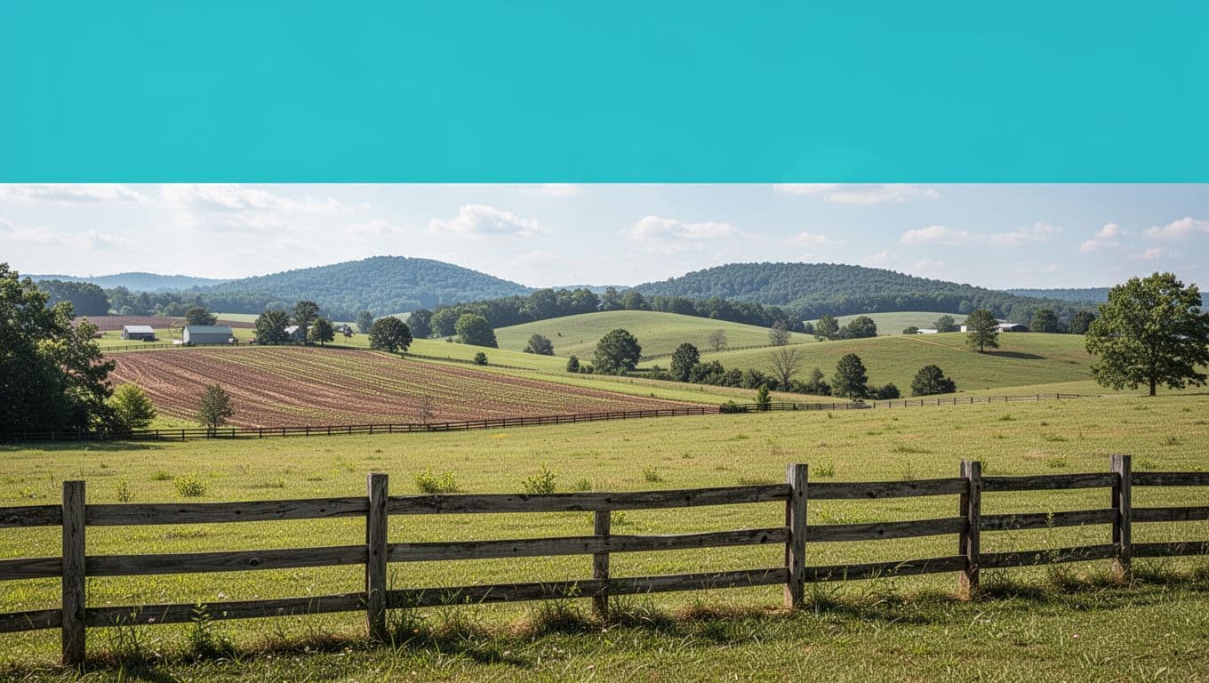 Photorealistic scenic rural Alabama landscape near Hazel Green with rolling green hills, farm fields, wooden fence, and distant trees under sunny sky, featuring a bold 'Things to Do' headline on a green band.