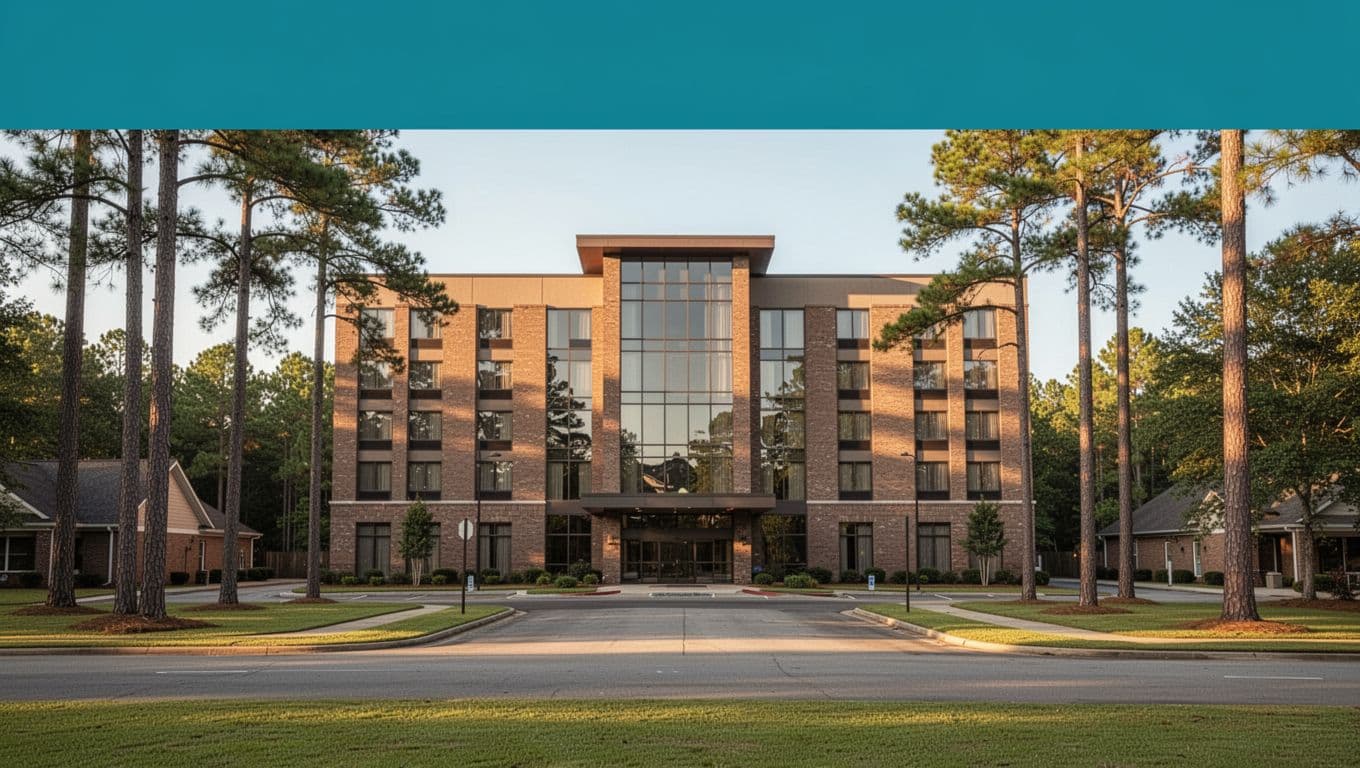 Modern hotel exterior centered on a quiet Thomasville, Alabama street, surrounded by green lawns and pine trees under warm afternoon sunlight with soft shadows. Features a bold green top band with 'Top Hotels' headline in high-contrast sans-serif font.