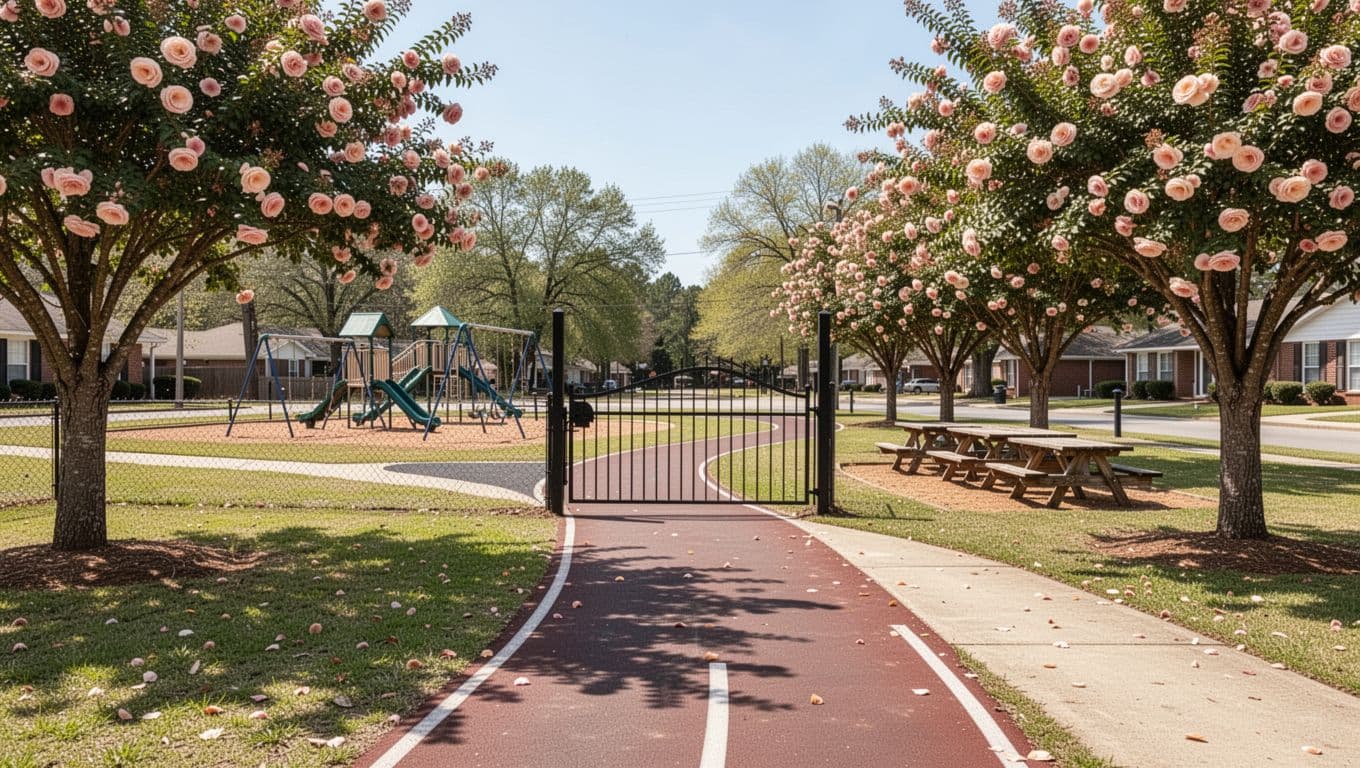 Sunny landscape of Thorsby Alabama park entrance with walking track, playground, picnic tables, and peach trees, no people present. Bold 'Thorsby Sights' headline in green band at top.
