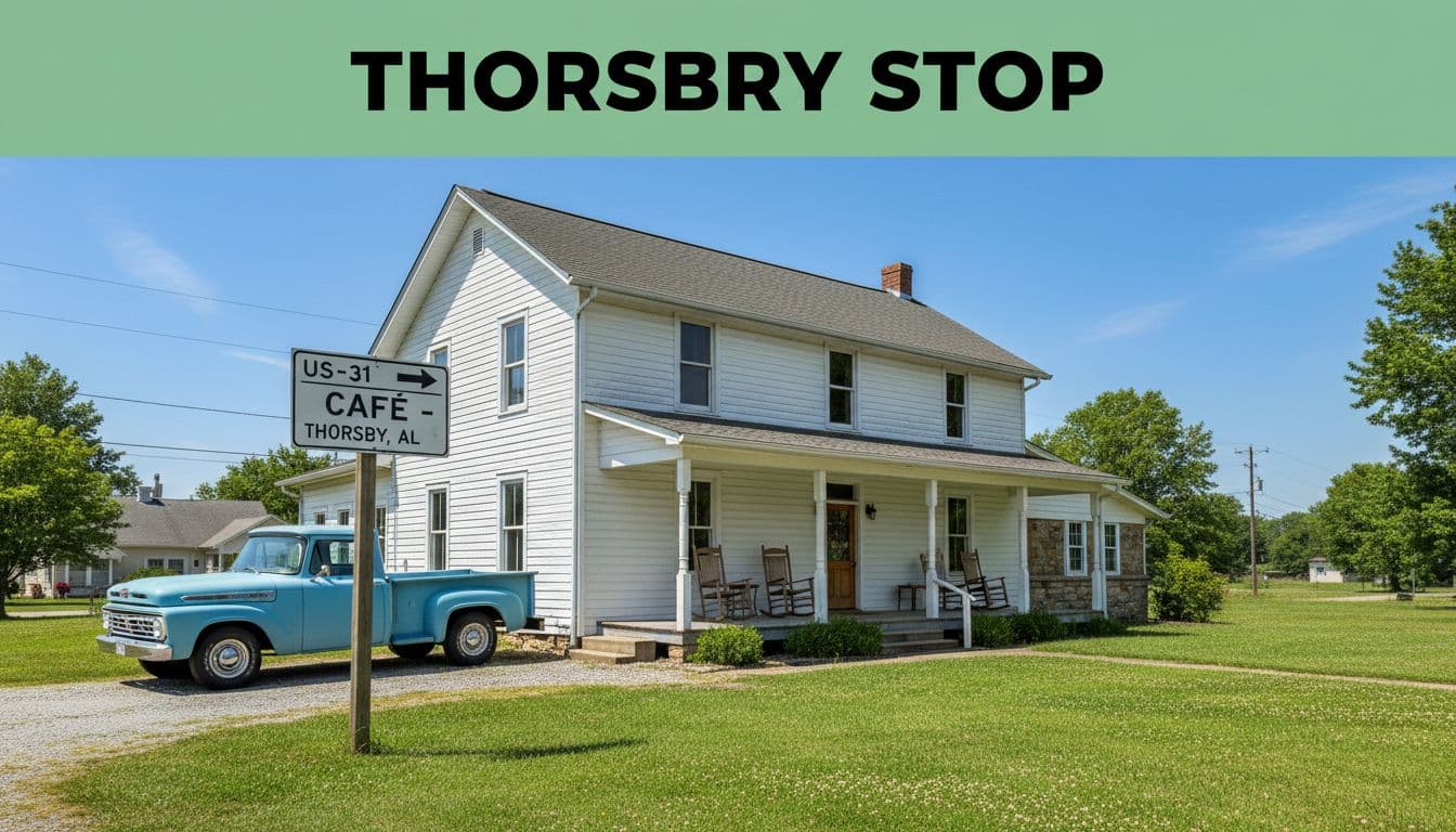 White farmhouse cafe with porch rocking chairs, parked car, highway sign on green lawn, 'THORSBY STOP' green banner at top.