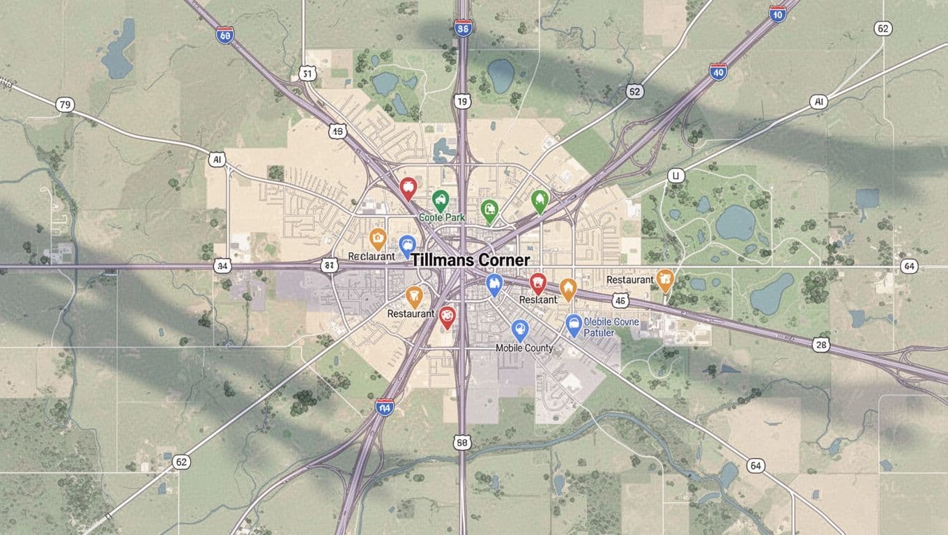 Overhead illustrative map of Tillmans Corner in Mobile County, Alabama, highlighting restaurant locations near highways with clean lines, soft colors, and a bold 'Location Guide' headline banner.