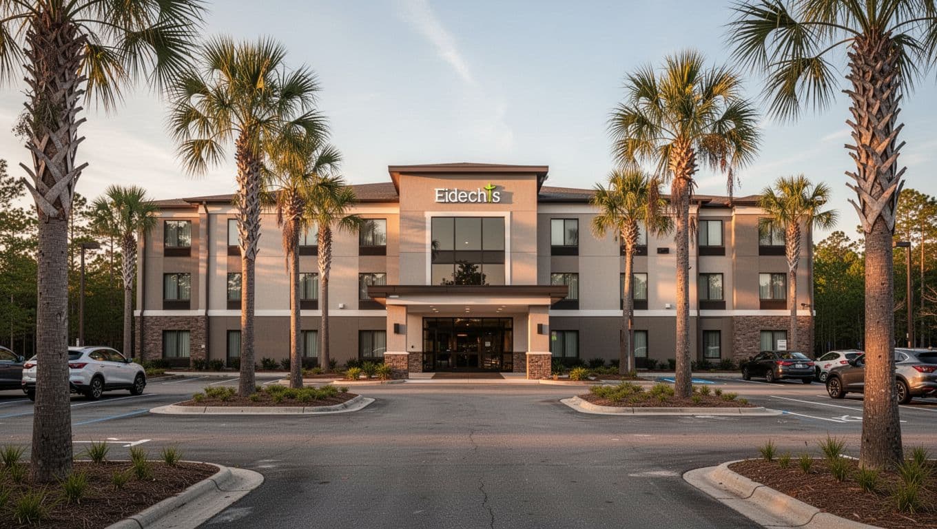 Modern hotel exterior in suburban Alabama at golden hour with palm trees, parking lot, and bold 'Tillmans Corner Stays' headline in green band.