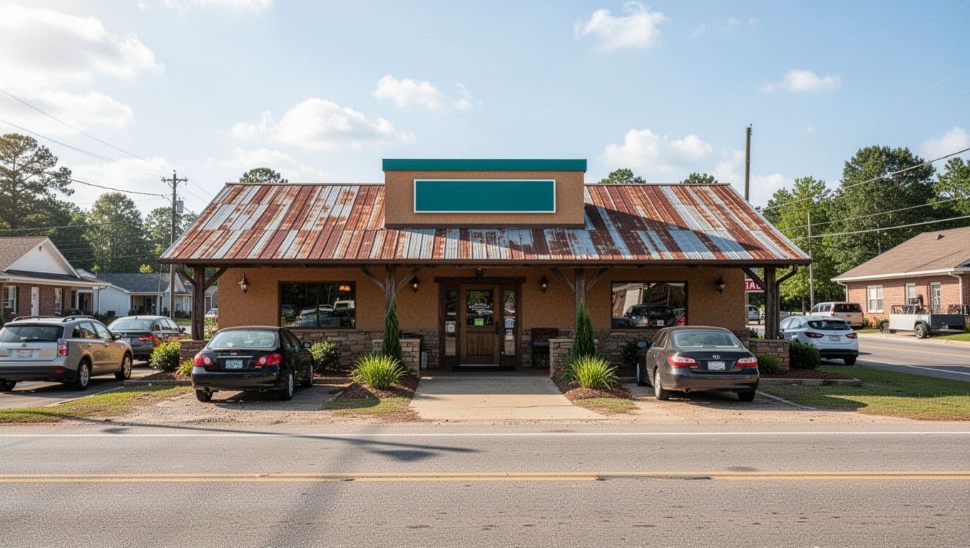 Rustic Tin Top BBQ restaurant on Alabama highway with parked cars and welcoming entrance on sunny day.
