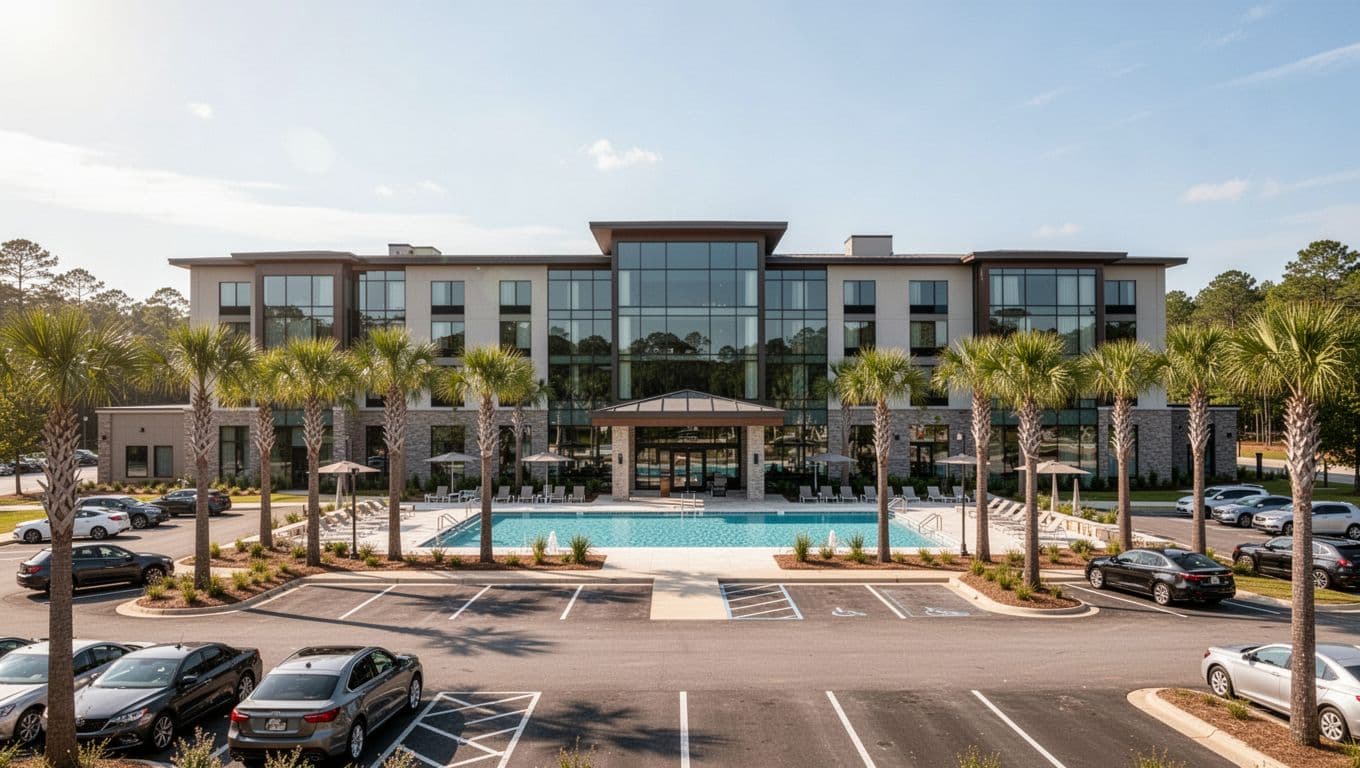 Modern hotel exterior in Alexander City, Alabama, near Lake Martin on a sunny day with palm trees, parking lot, entrance sign, and pool area in wide landscape composition. Features bold 'Top Hotels' headline on green band in editorial style, realistic photo with natural daylight.