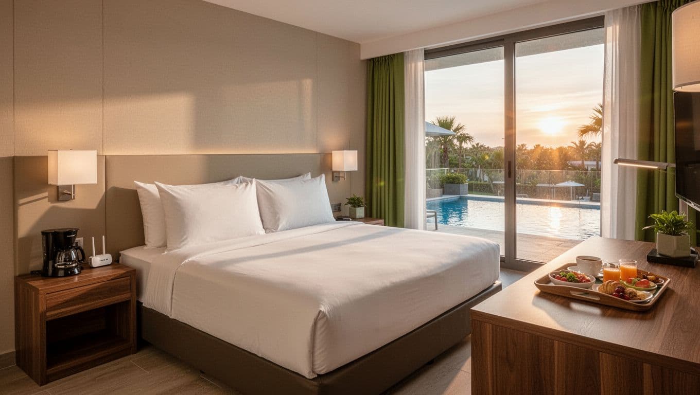 Clean modern hotel room interior highlighting essential amenities: bed, desk, free breakfast table, coffee maker, WiFi router on nightstand, and pool view window in sunny morning light.