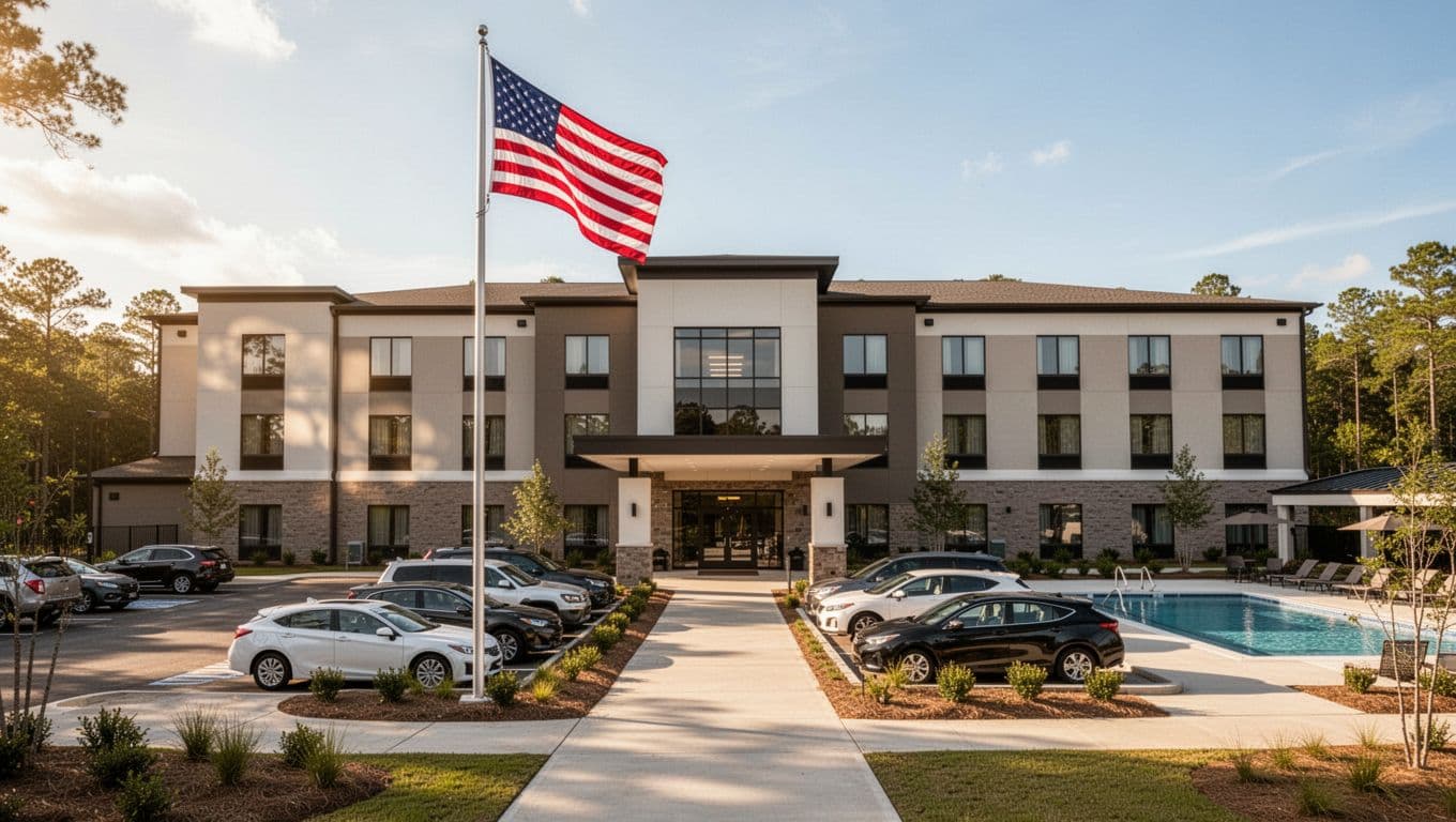 Modern hotel exterior in Andalusia, Alabama on a sunny Southern day, showcasing a welcoming entrance with parked cars, American flag, and nearby outdoor pool under warm natural lighting.