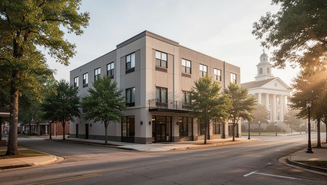 Quiet rural Butler Alabama street centered on a modern two-story hotel building, green trees and courthouse in background, soft morning sunlight illuminating the facade, realistic high-detail photo.