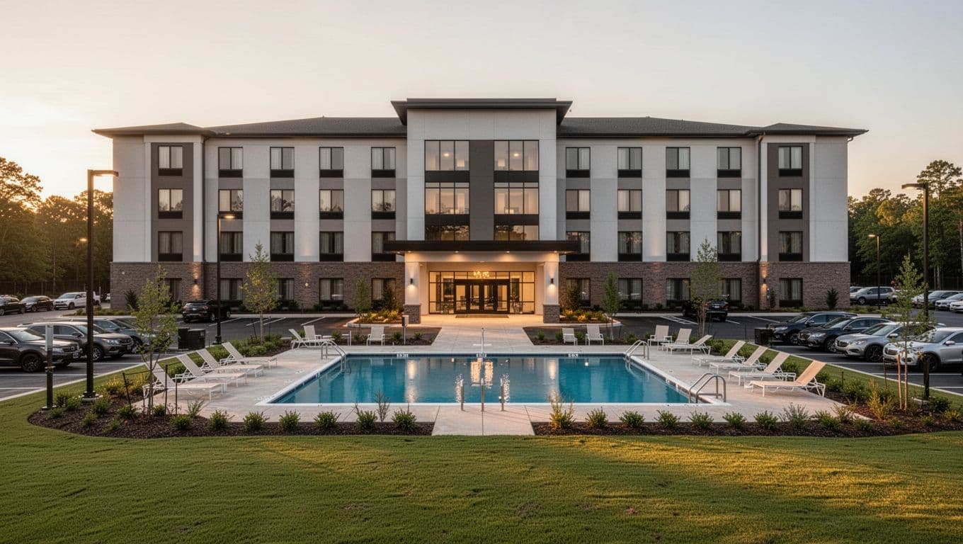 Photorealistic modern hotel exterior in Holiday Inn Express style in Enterprise, Alabama, with pool, parking lot, green lawns, and evening golden hour lighting, centered on entrance, featuring bold 'Top Choice' headline on green band.