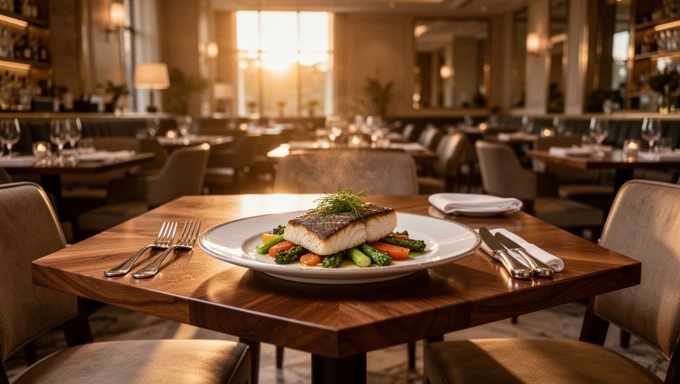 Elegant dining interior of an upscale American restaurant with wooden tables, soft ambient lighting, and a centered focal table featuring a plated modern American dish like seared fish and vegetables. Top edge-to-edge horizontal band filled with green, bold Title Case headline 'Top Dining Pick' centered.