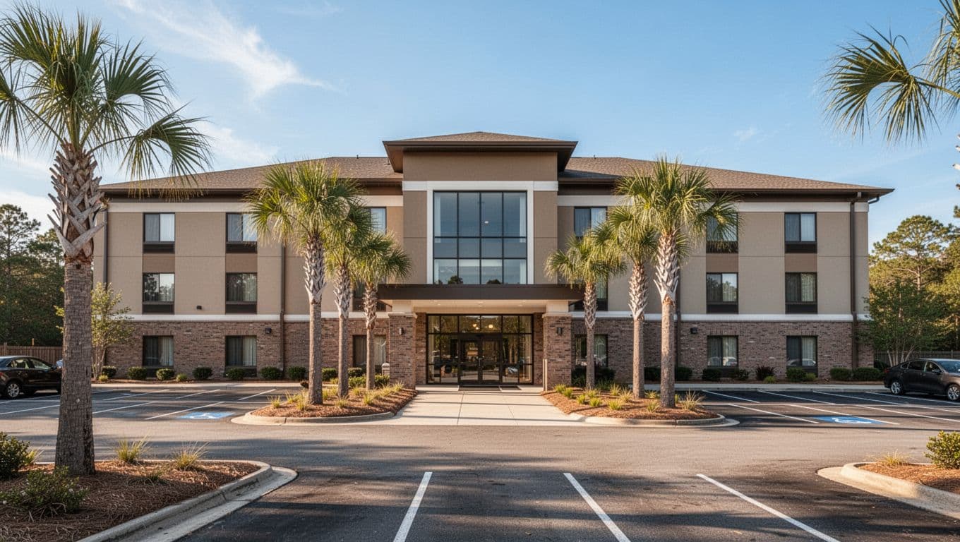 Modern suburban hotel exterior near Bessemer and Brighton Alabama with welcoming glass doors, palm trees, parking lot, and sunny blue sky. Bold 'Top Hotels' headline in green band at top in editorial style.